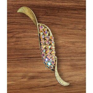 Vintage Gold-Tone Leaf Brooch With Aurora Borealis Rhinestones 3.75" Long